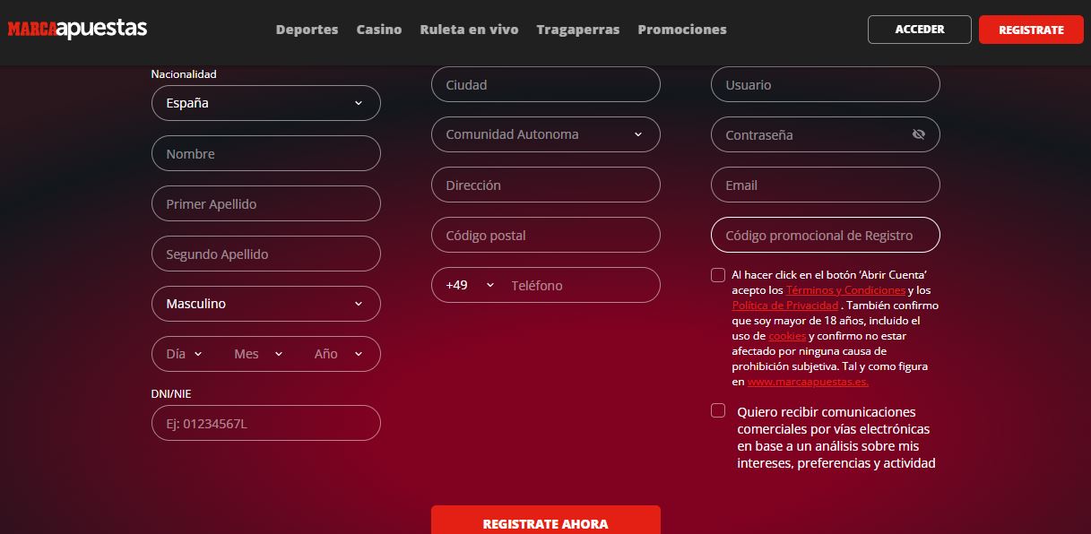 Completa el formulario de registro en Marca Casino con tus datos personales